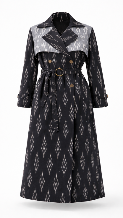 Schwarzer Ikat-Trenchcoat
