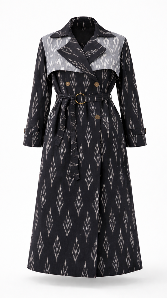 Black Ikat Trench Coat