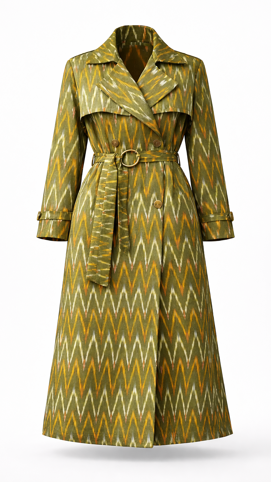 Grüner Ikat-Trenchcoat