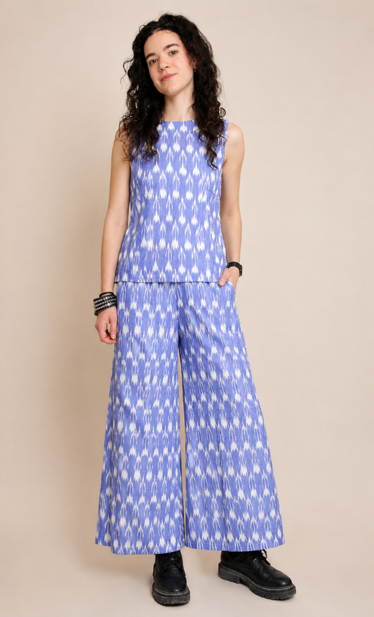 Elara Ikat Wide-Leg Trousers — Periwinkle Blue