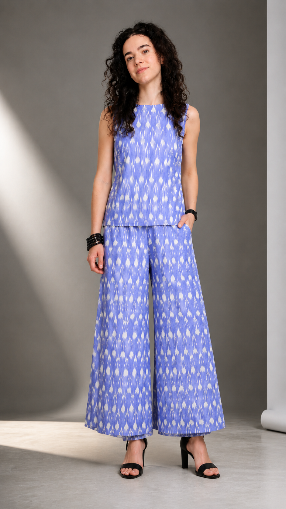 Elara Ikat Wide-Leg Trousers — Periwinkle Blue