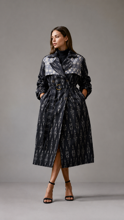 Vivienne Ikat Trench Coat — Midnight Black
