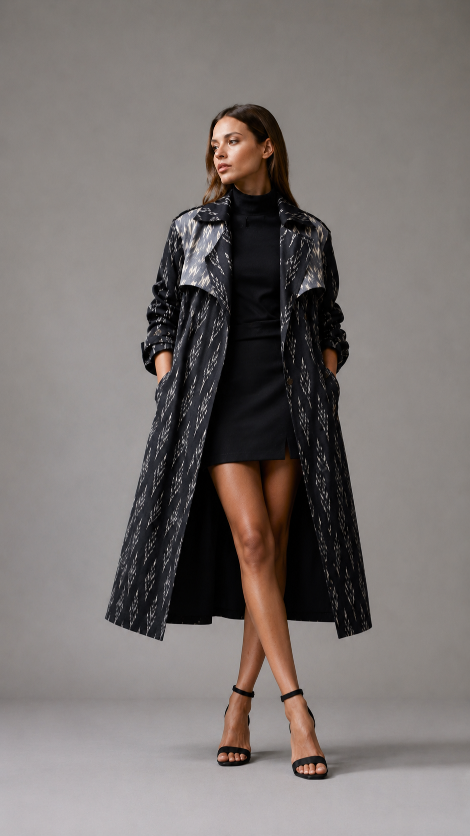 Vivienne Ikat Trench Coat — Midnight Black