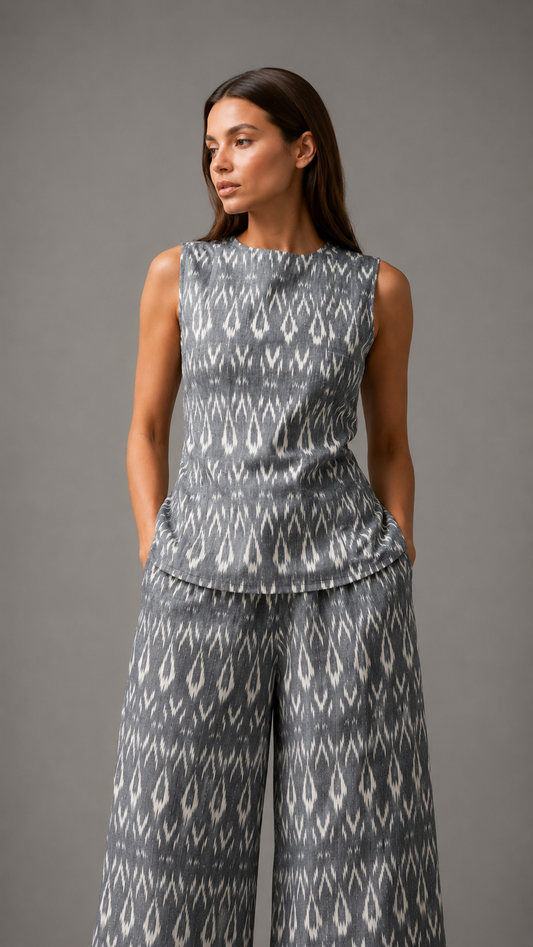 Noéline Ikat Open-Back Top — Charcoal Noir