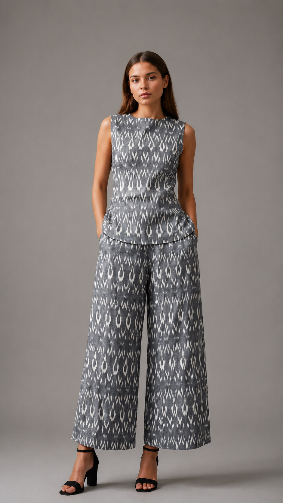 Noéline Ikat Wide-Leg Trousers — Charcoal Noir